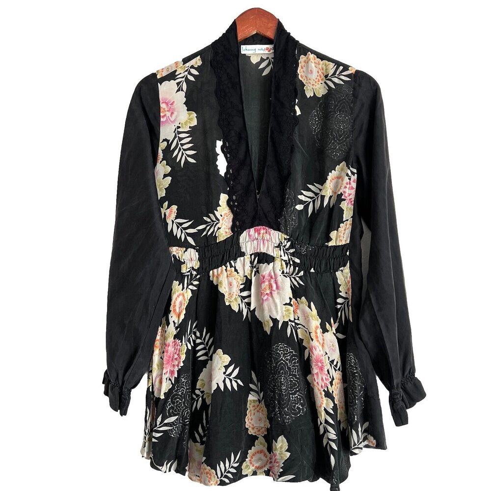 Johnny Was Floral Tunic Blouse Size M Silk Black
